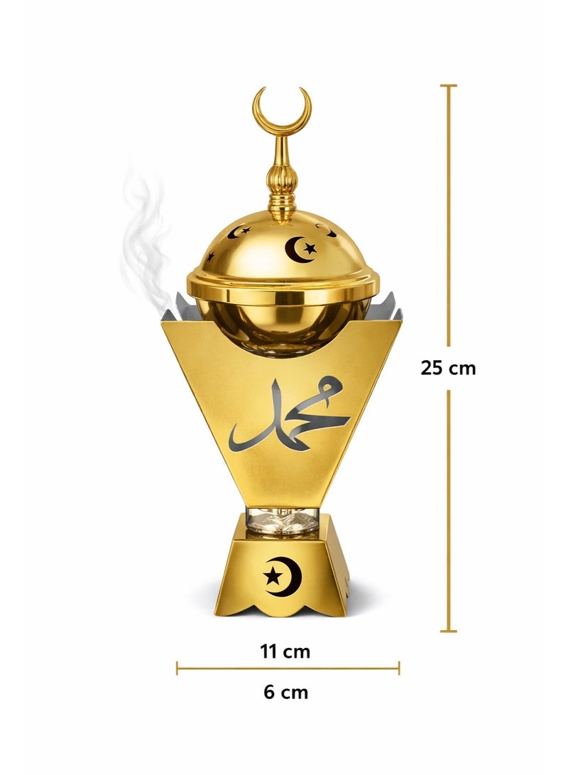 مبخرة إسلامية ديكورية فاخرة بغطاء معدني ذهبي – ديكور رمضان وديكور منزلي – ارتفاع 25 سم (قاعدة 6 سم × عرض علوي 11 سم) - Image 2